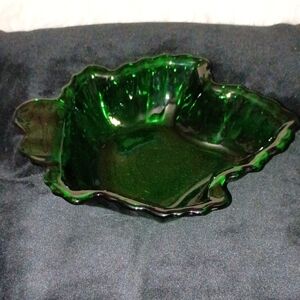 Vintage Anchor Hocking Forest Green Small Leaf Dish
